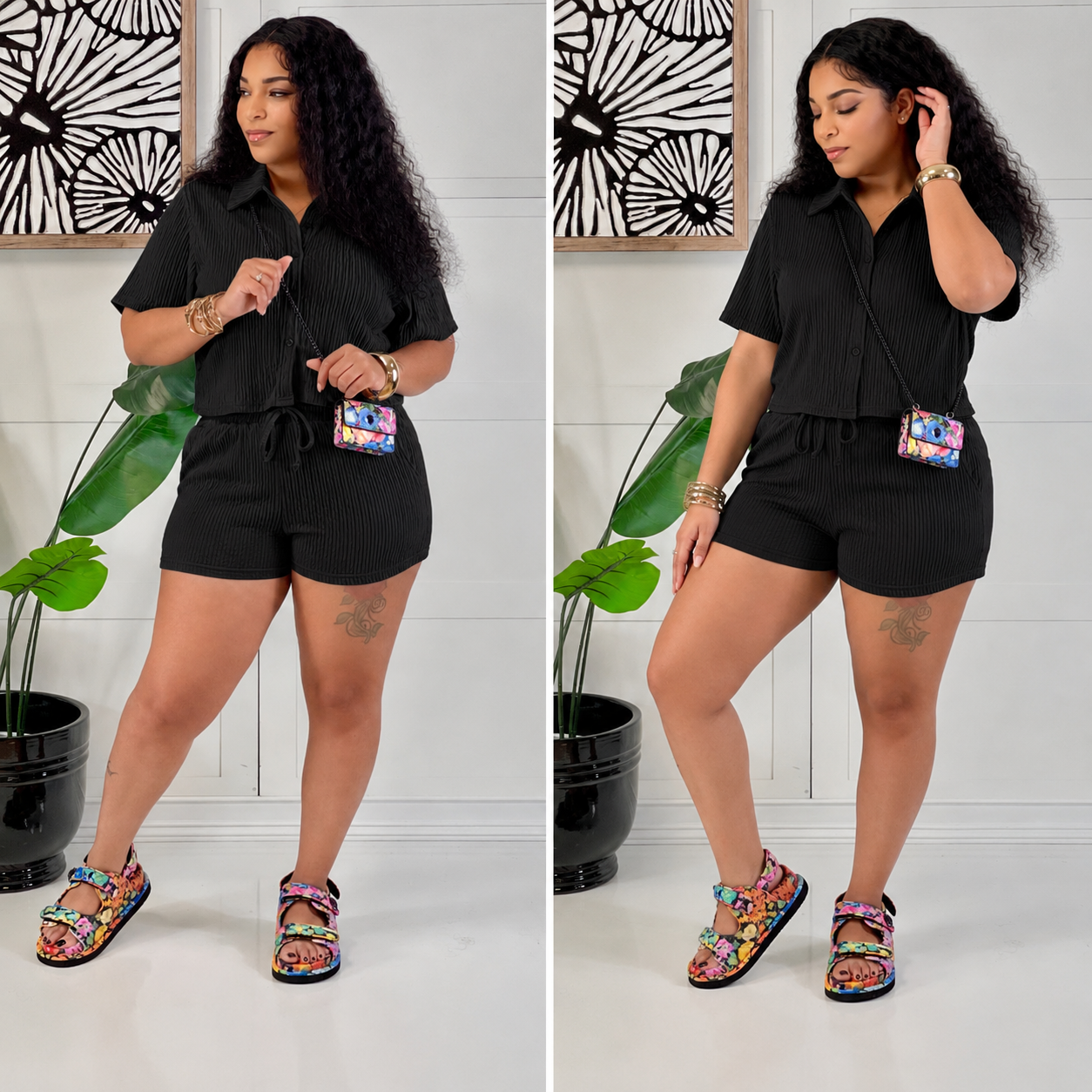 CRINKLED BUTTON DOWN PLISSED SHORTS SET
