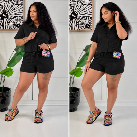 CRINKLED BUTTON DOWN PLISSED SHORTS SET