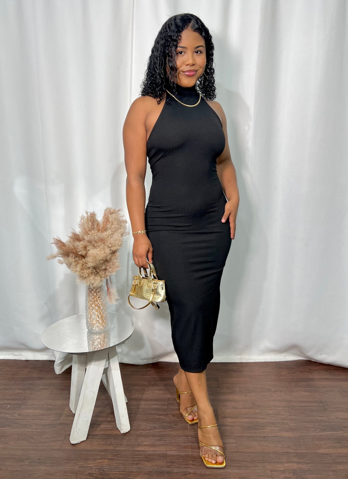 OPEN-BACK HALTER MIDI DRESS