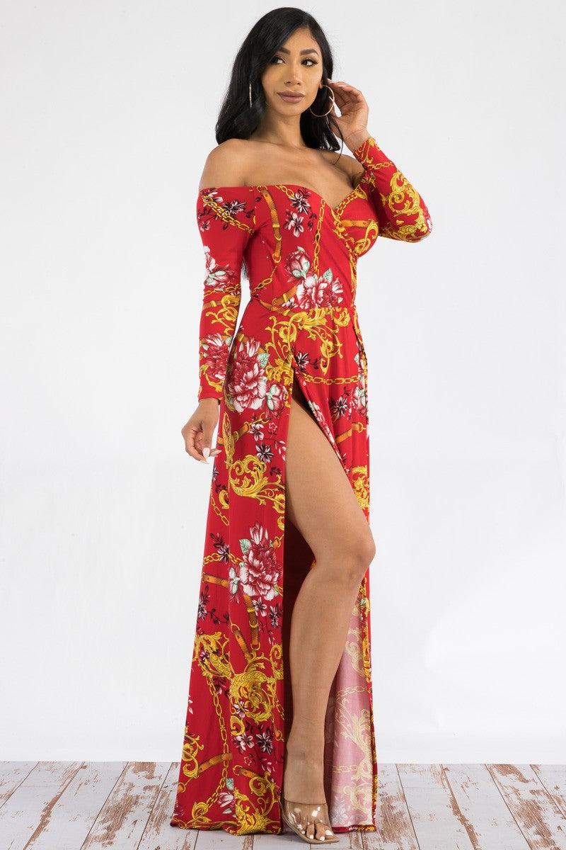 CHAIN MULTI PRINT LONG SLEEVE SLIT MAXI DRESS