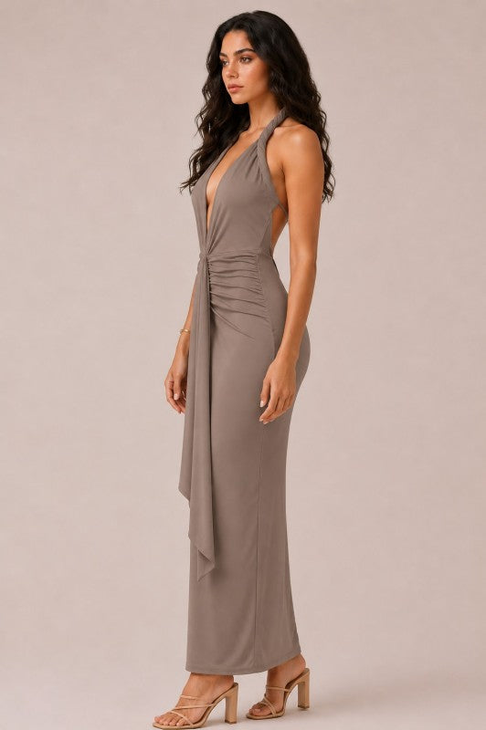 TWISTED KNOT RUCHED MAXI DRESS