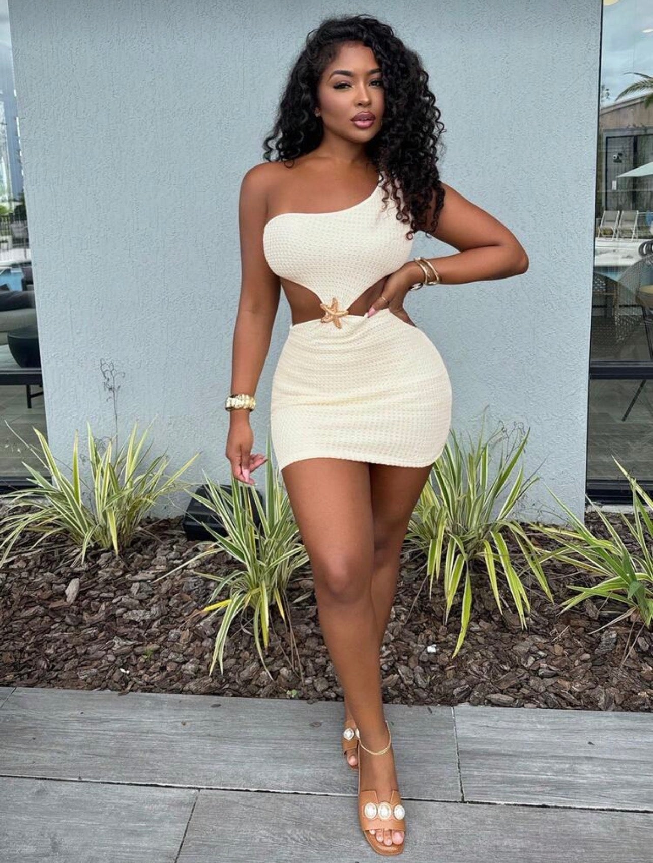 APRICOT METAL BUCKLED MINI DRESS