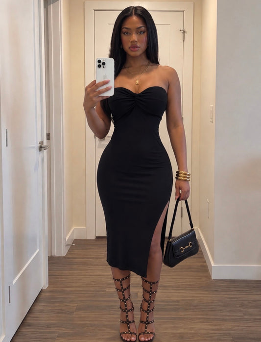 TWISTED SWEETHEART SLIT TUBE MIDI DRESS