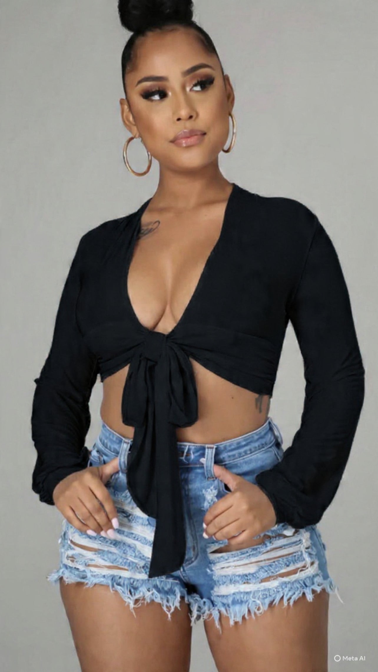 TIE FRONT LONG SLEEVE CROP TOP