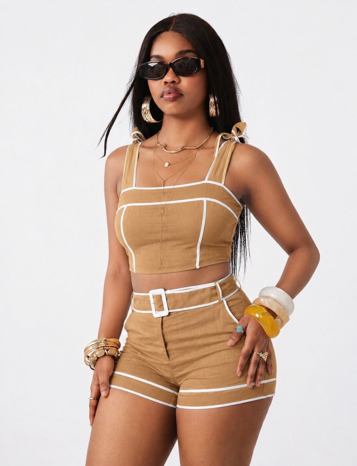 BOW TIE SHOULDER STRAP CROP TOP /W SHORT SET