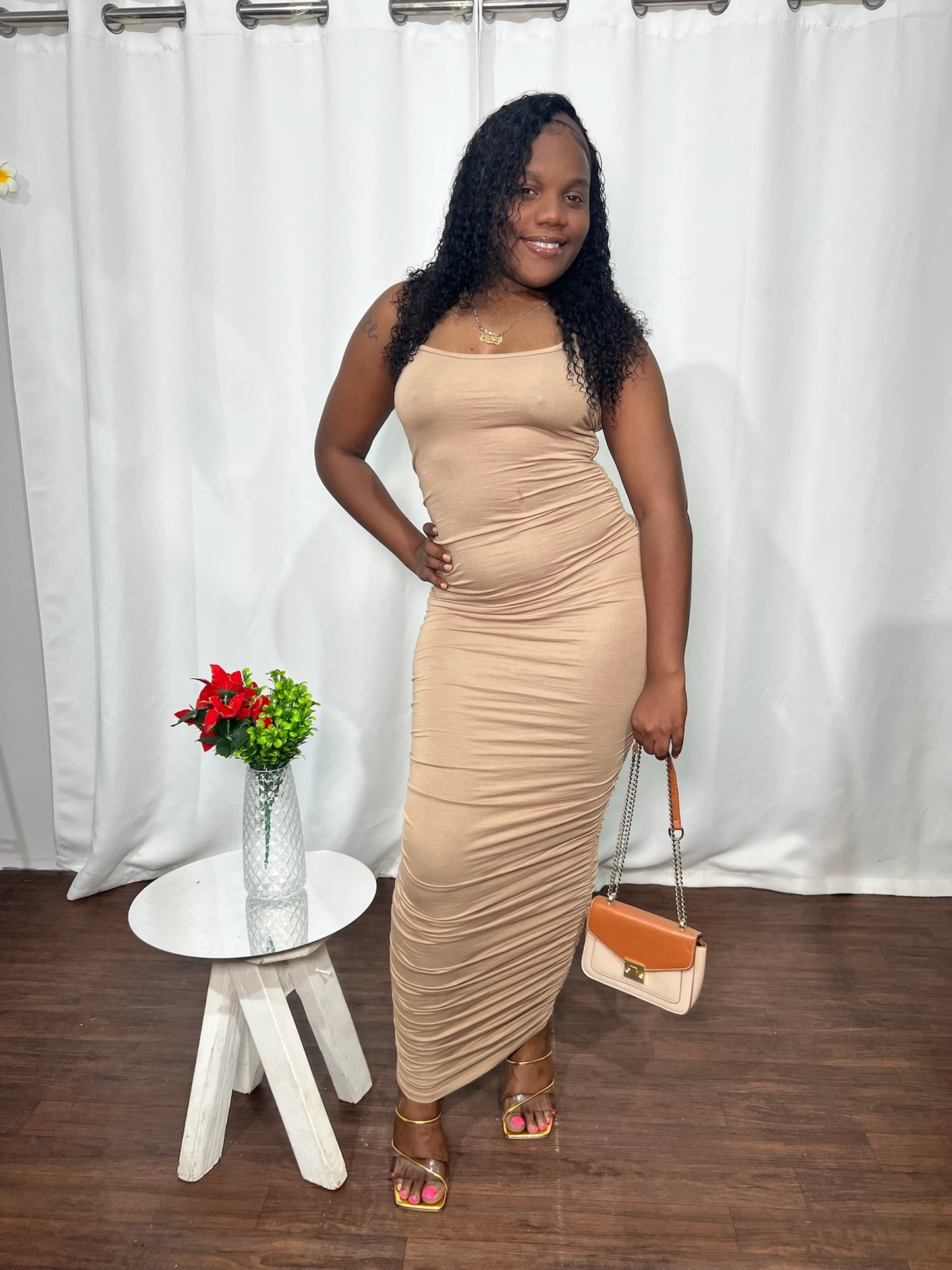 SPAGHETTI STRAP RUCHED MAXI DRESS