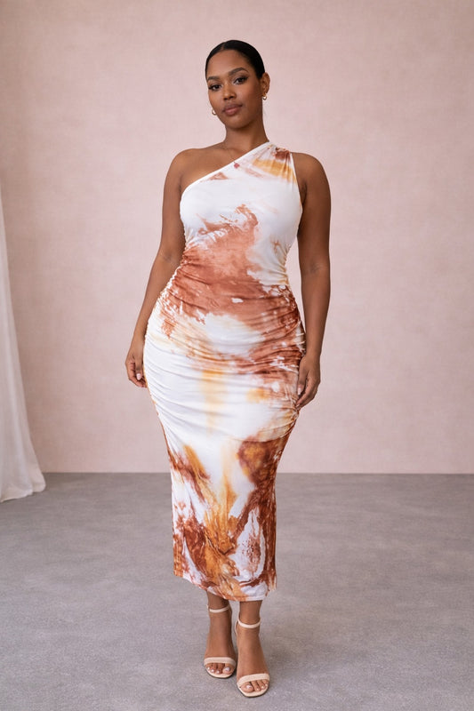 MOCHA MARBLE ONE-SHOULDER MAXI DRESS