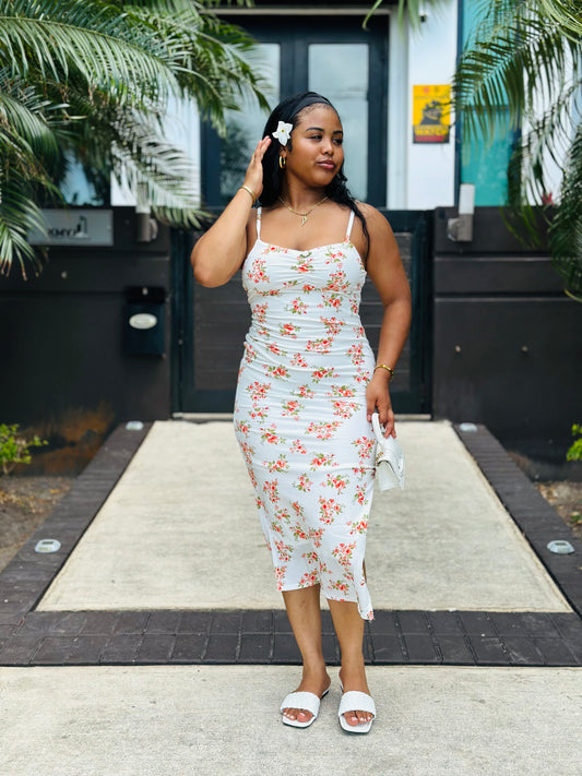 CUTOUT BACK FLORAL SIDE-SLIT DRESS