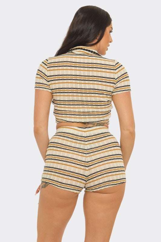 CROCHET STRIPES CROP TOP SHORTS SET