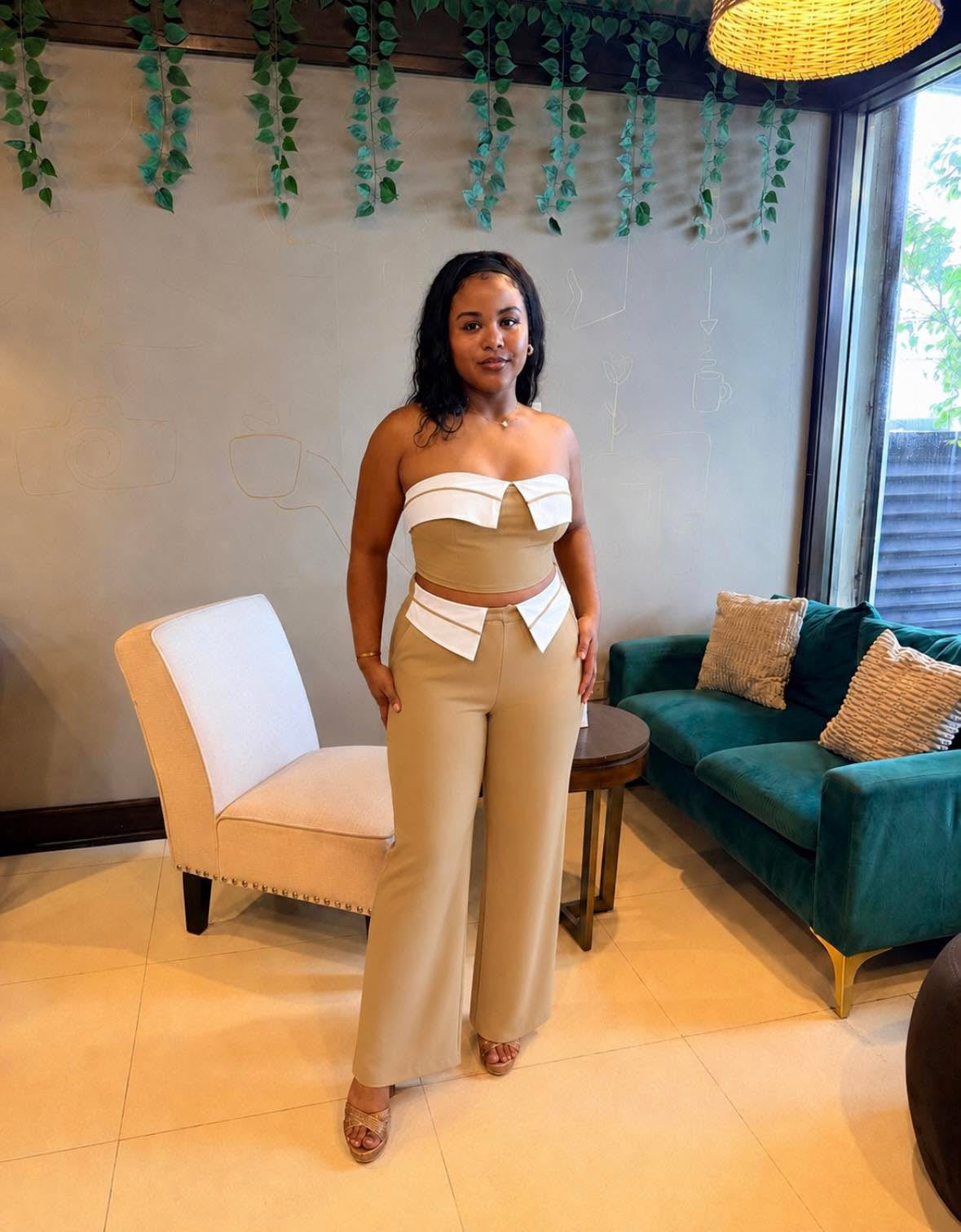 FOLD-OVER CONTRAST, TUBE TOP / PANTS SET