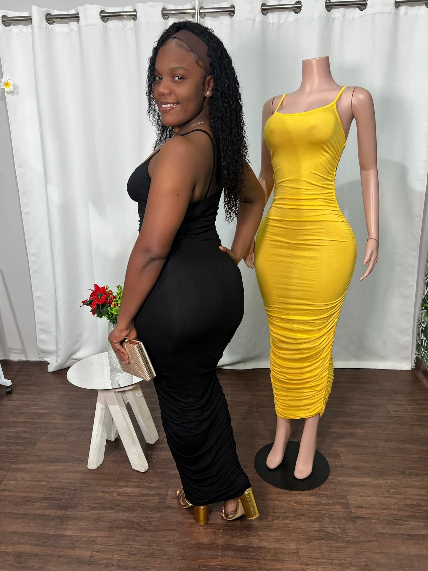 SPAGHETTI STRAP RUCHED MAXI DRESS
