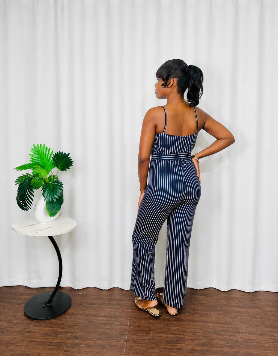 STRIPED V-CUT JUMPSUIT W/ WIDE LEG