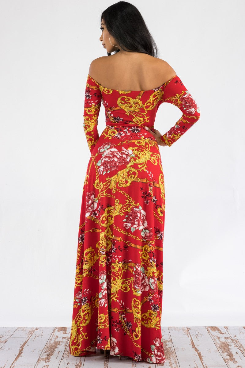 CHAIN MULTI PRINT LONG SLEEVE SLIT MAXI DRESS