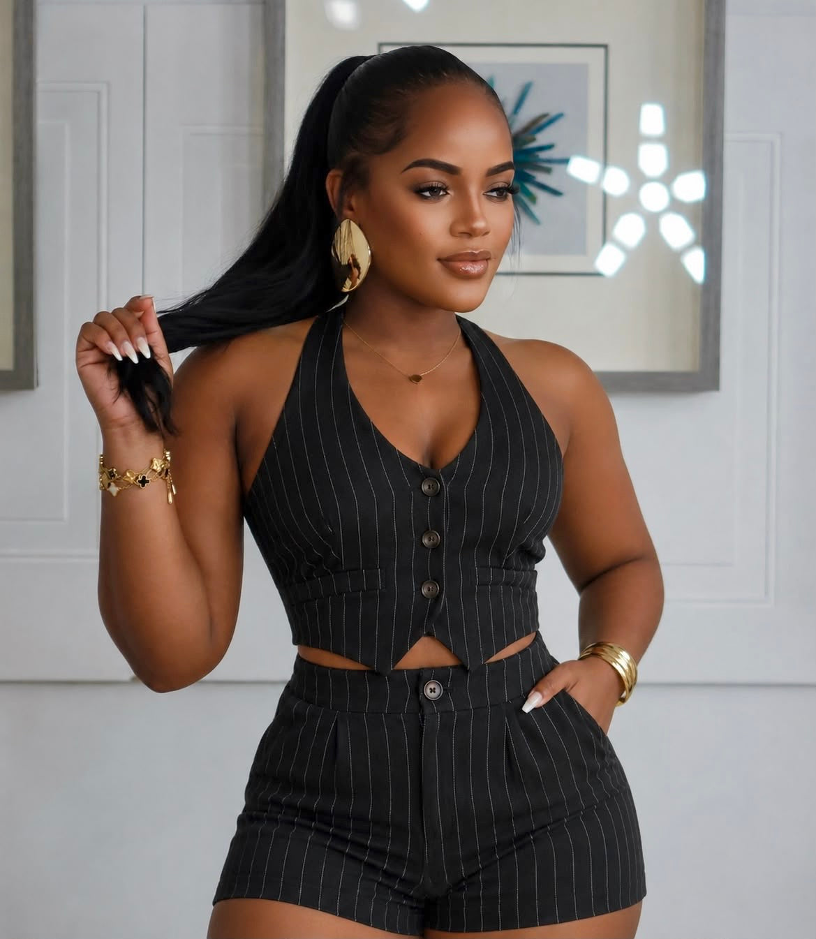 STRIPED BUTTON VEST HALTER TIE ROMPER