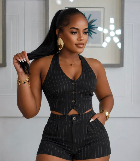 STRIPED BUTTON VEST HALTER TIE ROMPER