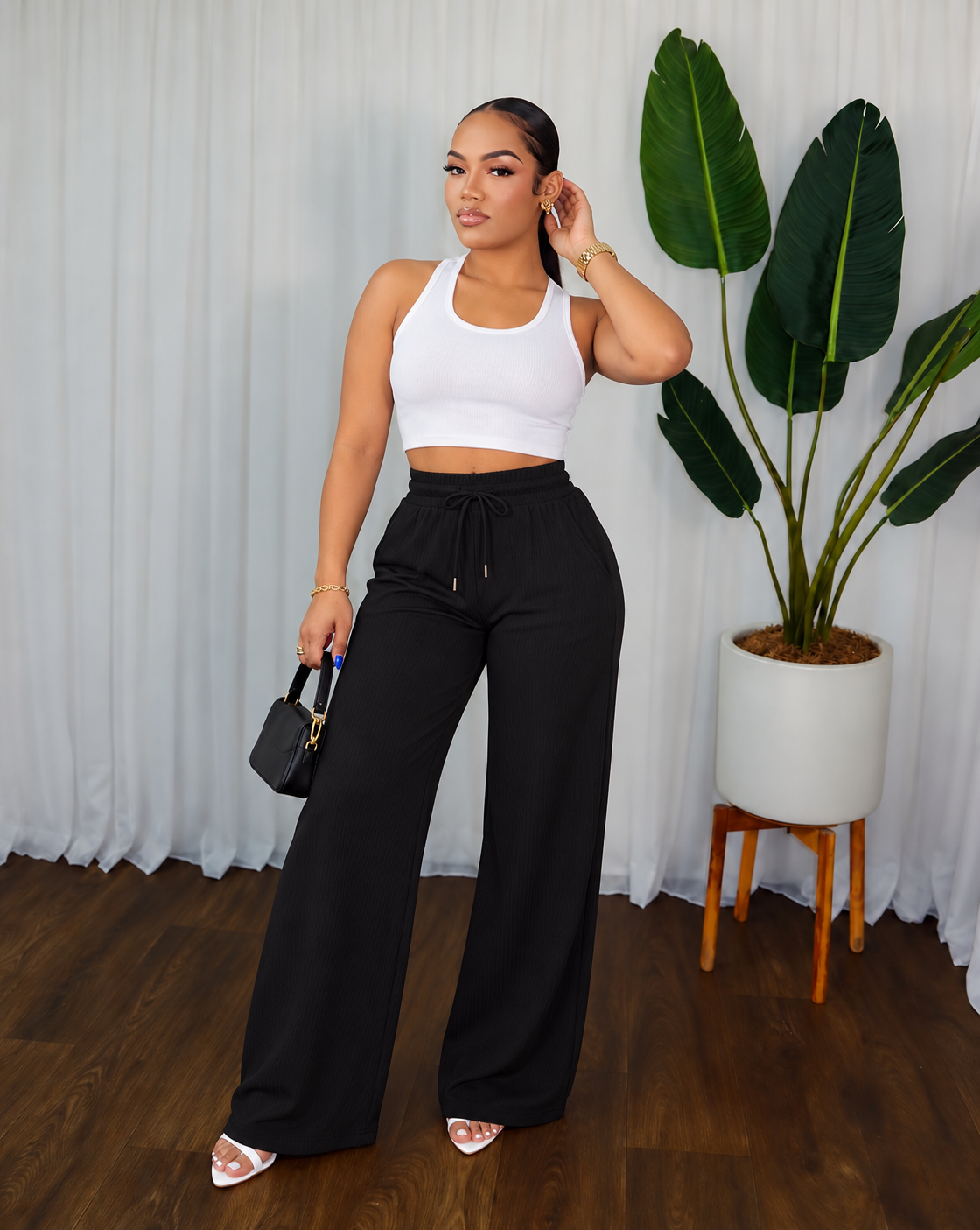 STRETCHY RIBBED DRAWSTRING PANTS