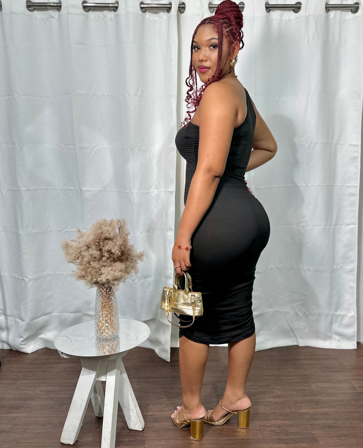 RUCHED ONE-SHOULDER MIDI BODYCON DRESS