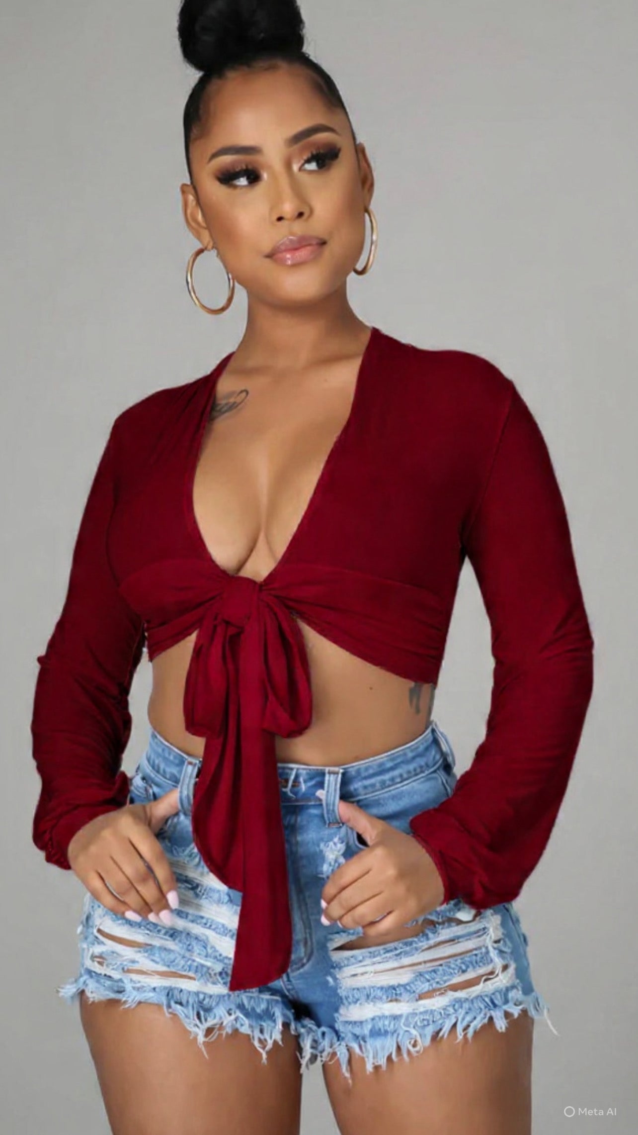 TIE FRONT LONG SLEEVE CROP TOP