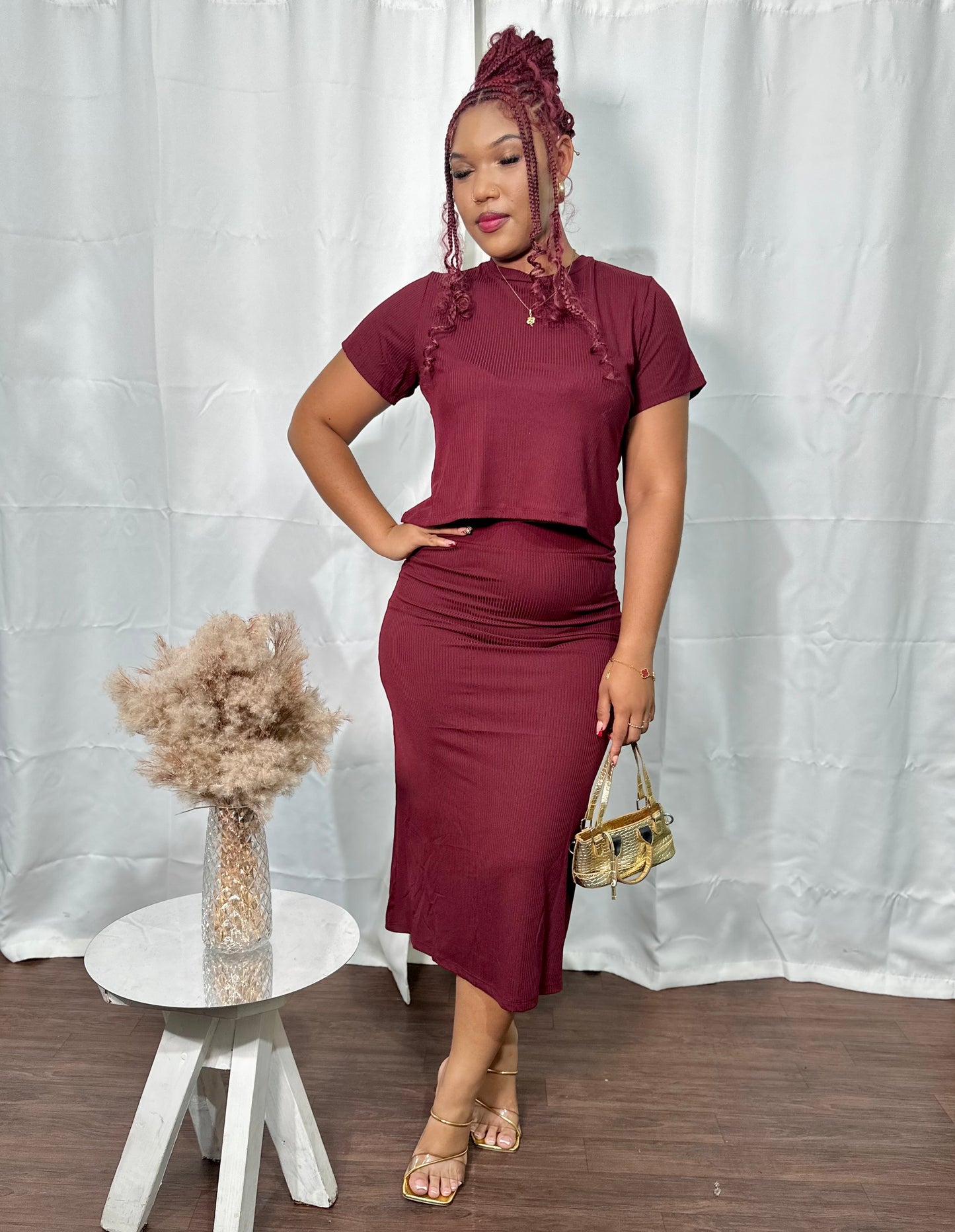 WAIST-LENGTH T-SHIRT / MIDI SKIRT RIBBED 2-PC SET