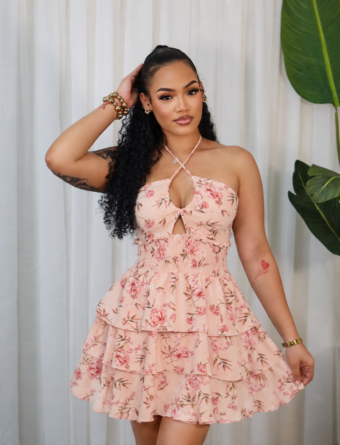 FLORAL PRINT HALTER MINI DRESS