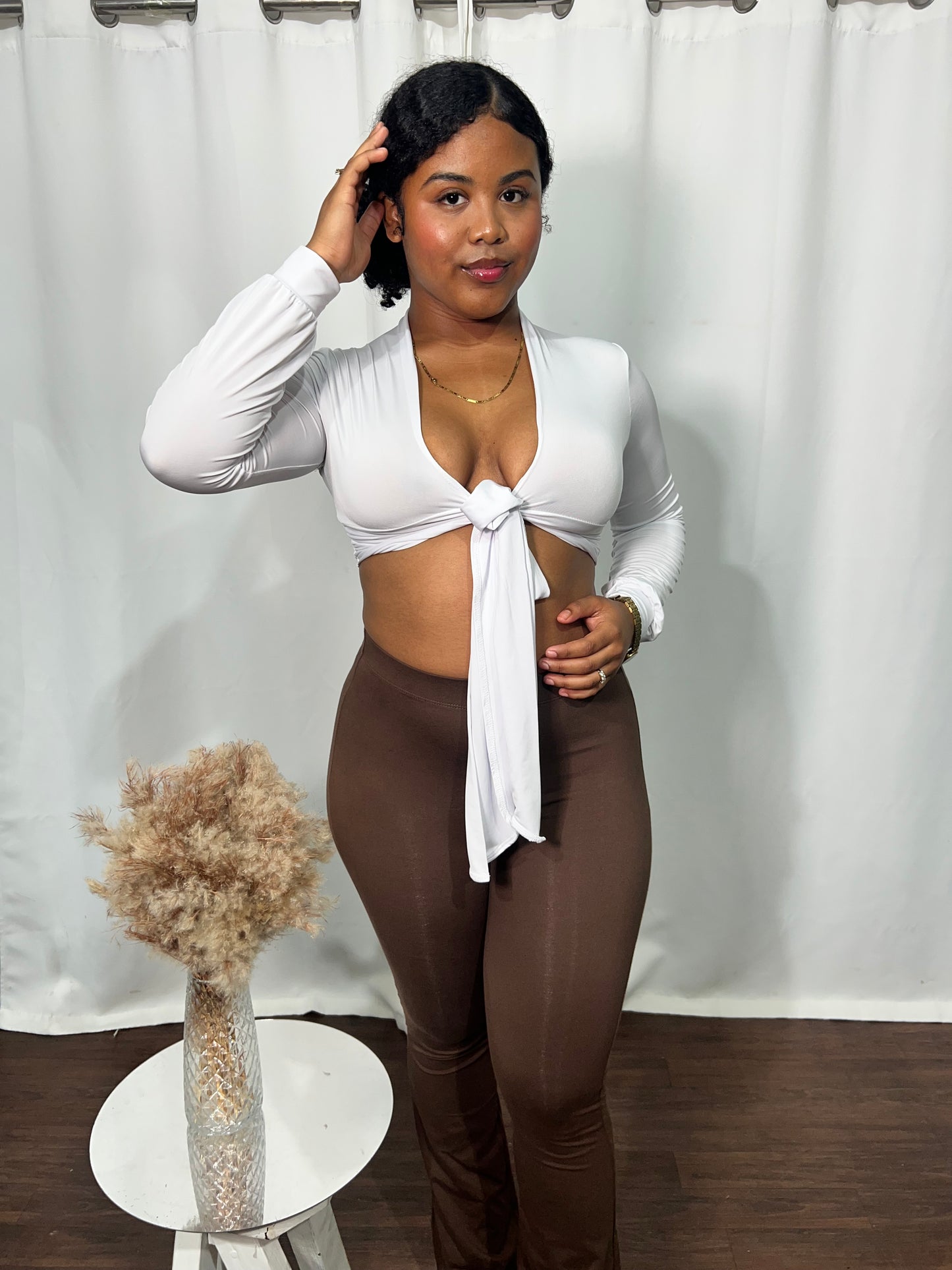 TIE FRONT LONG SLEEVE CROP TOP