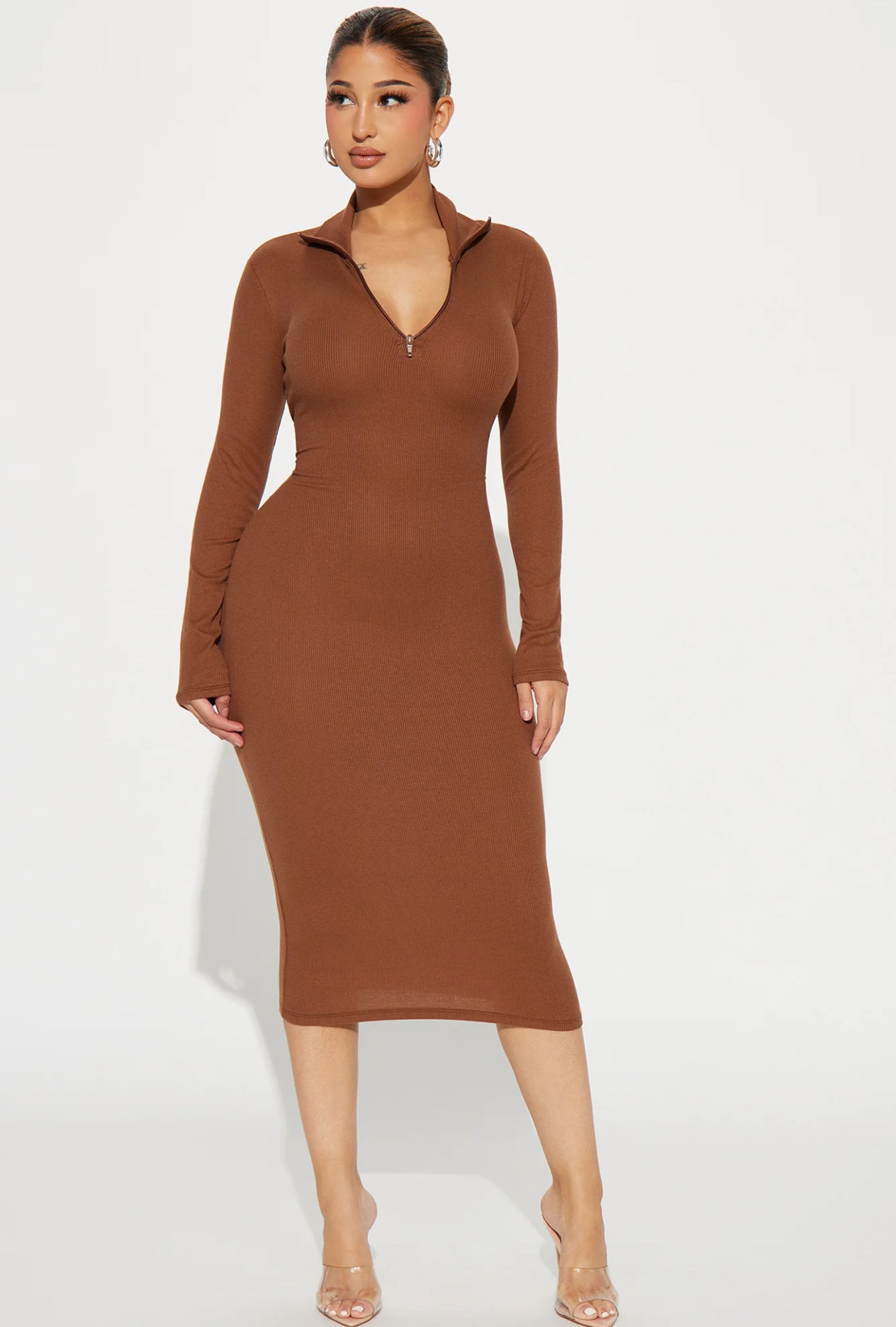 QUYNN QUARTER ZIP RIBBED MIDI DRESS