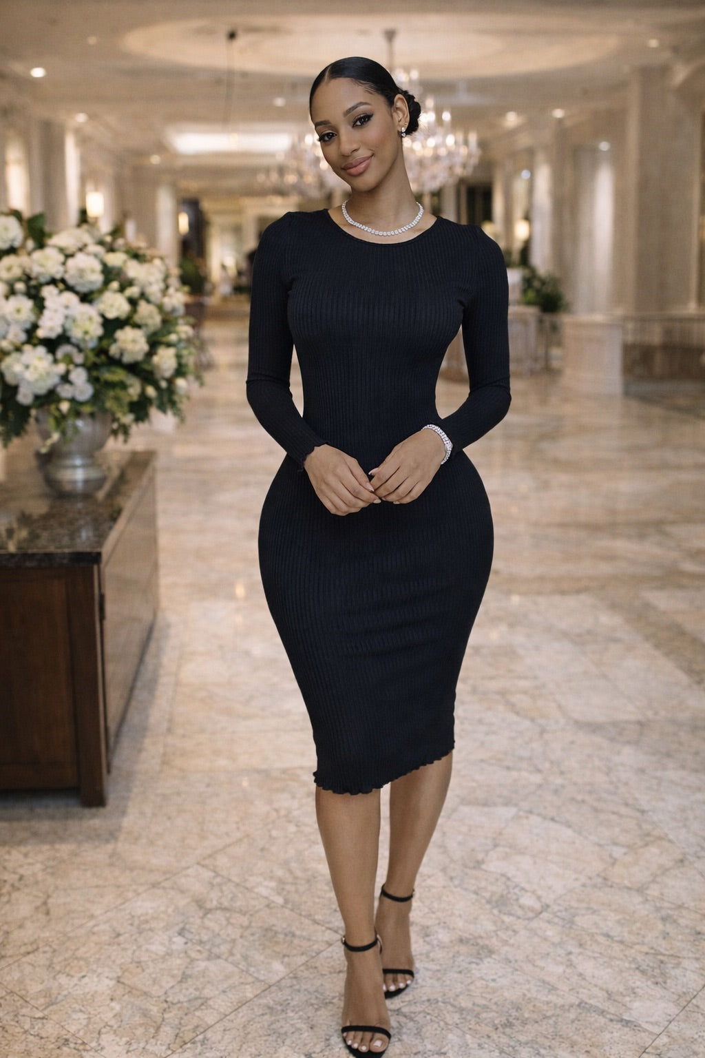 RIBBED LONG SLEEVE SKIN FIT MIDI DRESS