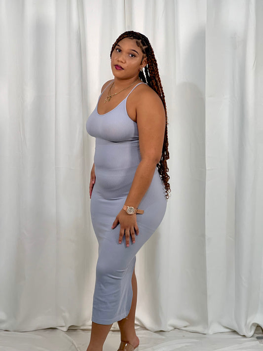 GREY U NECK SPLIT SPAGHETTI STRAP MAXI DRESS