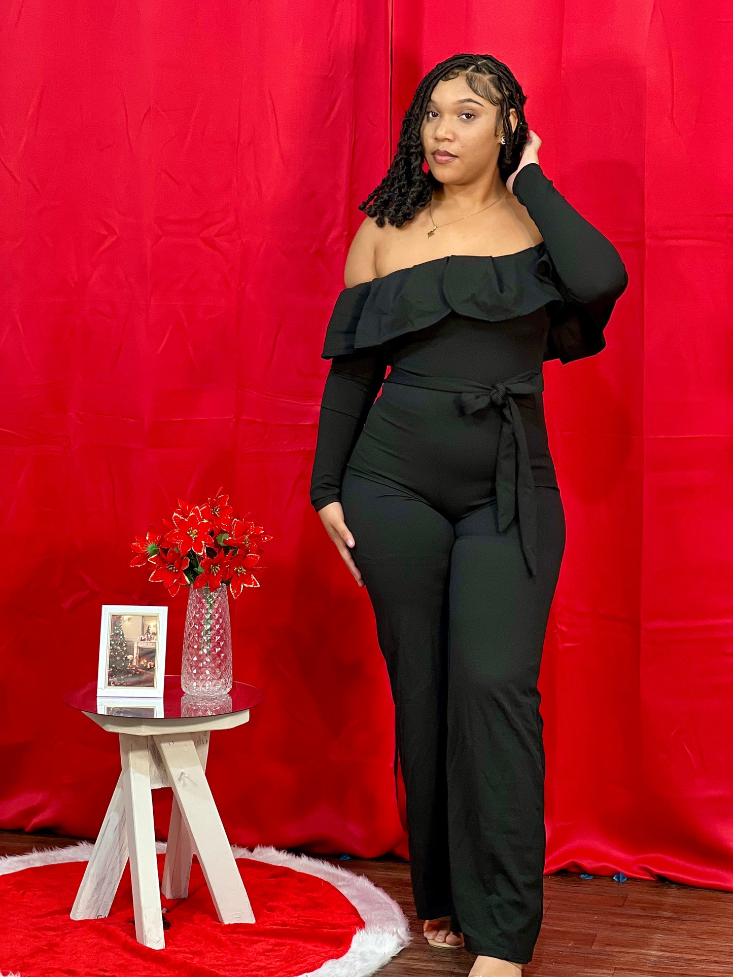 RUFFLED OFF-SHOULDER JUMPSUIT