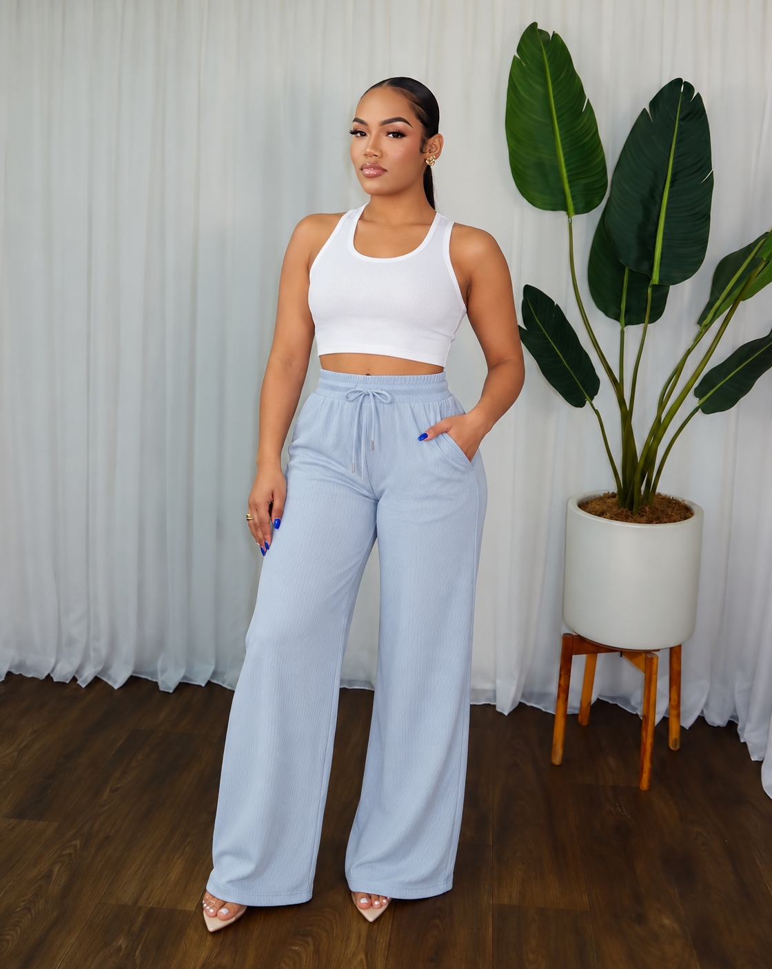 STRETCHY RIBBED DRAWSTRING PANTS