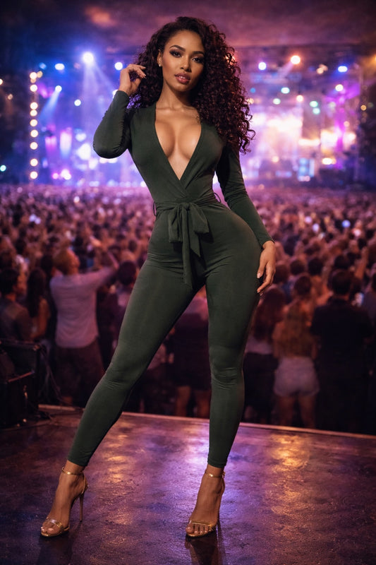 DEEP V-NECK LONG SLEEVE JUMPSUIT