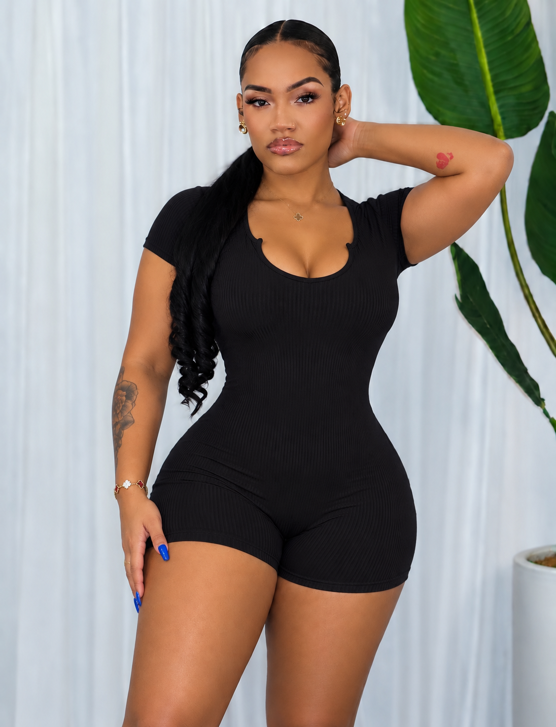 SOLID RIBBED SPLIT NECK ROMPER