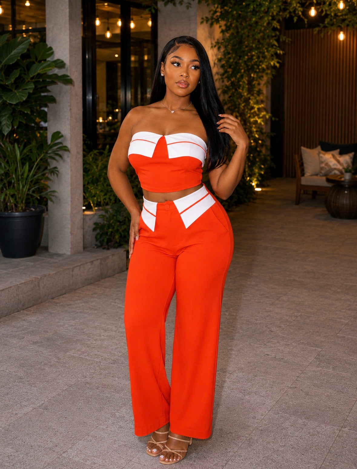 FOLD-OVER CONTRAST, TUBE TOP / PANTS SET