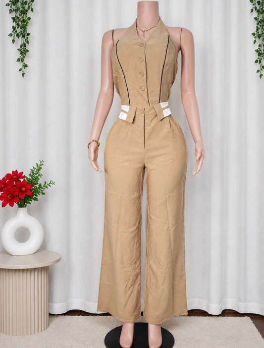 VEST-STYLE, HALTER TOP, FOLDED WAIST JUMPSUIT