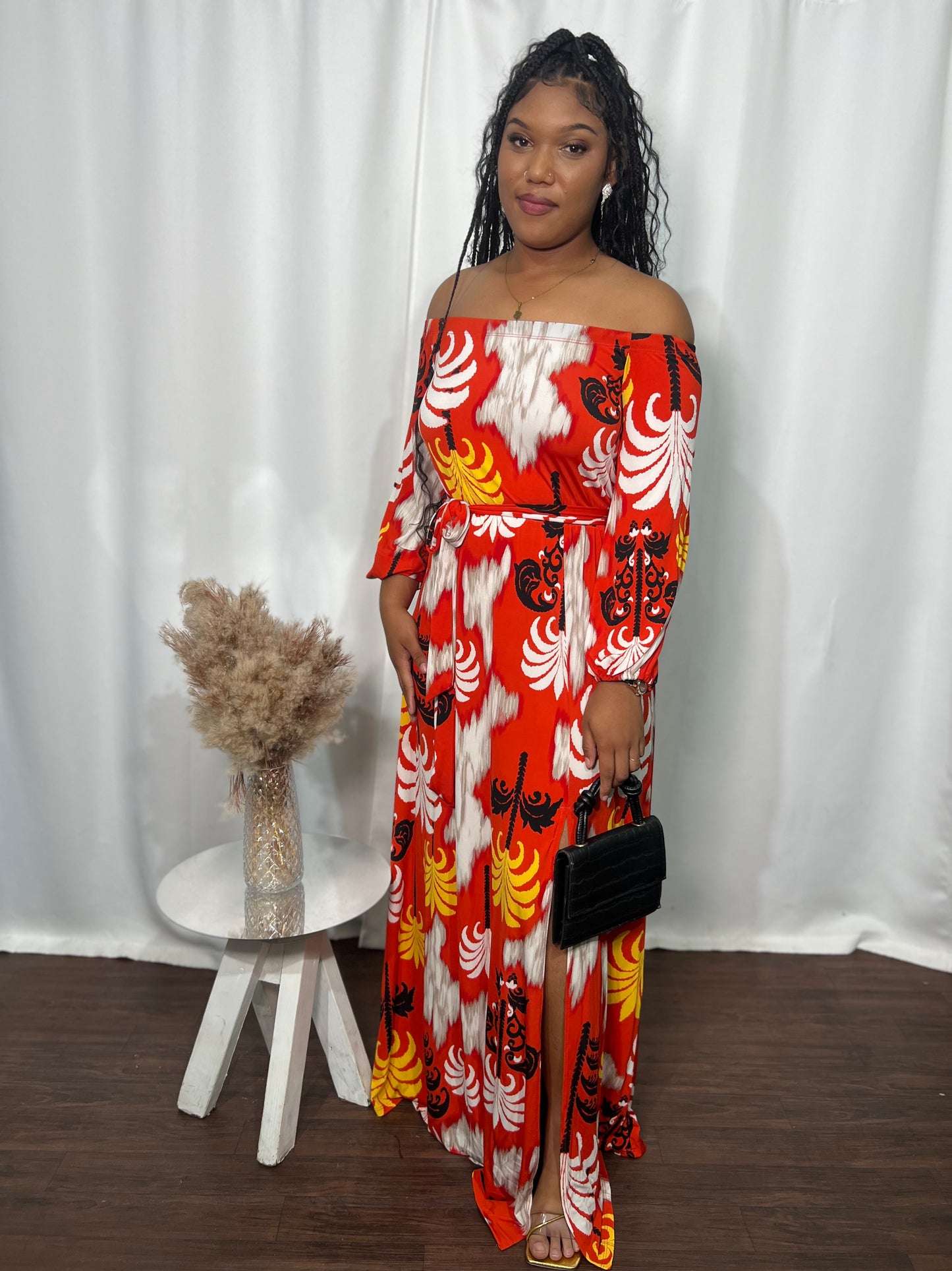 TROPICAL OFF THE SHOULDER BELTED DRESS