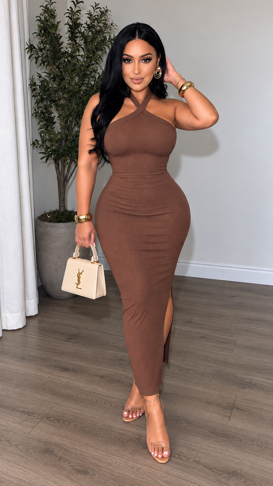 HALTER NECK RIBBED MIDI DRESS W/ SIDE SLIT