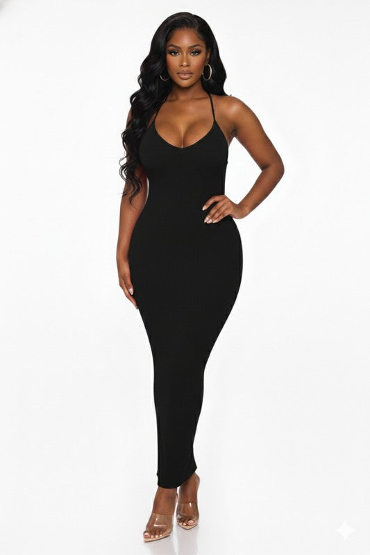SOLID RIBBED SPAGHETTI STRAP MAXI DRESS