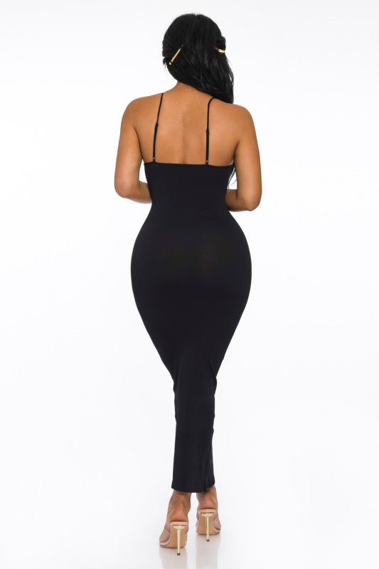 SOLID RIBBED SPAGHETTI STRAP MAXI DRESS