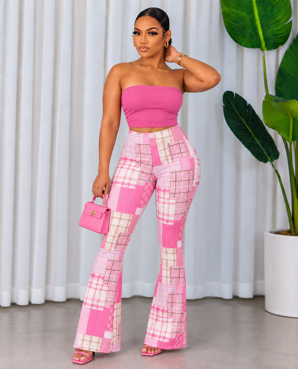PLAID PATCHWORK FLARE PANTS