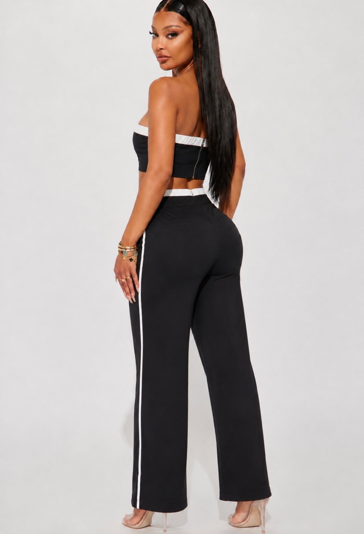 TUBE-TOP / BANDED WAIST PANTS SET W/ VARSITY STRIPE