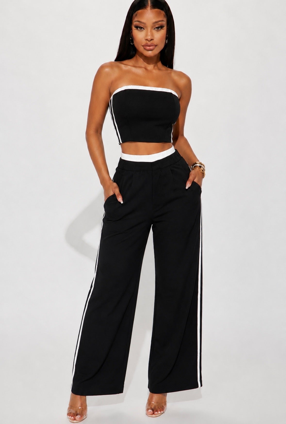 TUBE-TOP / BANDED WAIST PANTS SET W/ VARSITY STRIPE