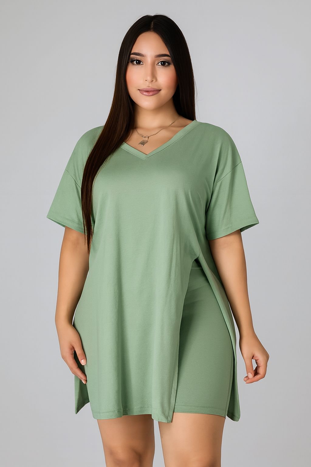 V NECK OVERSIZED BIKER SHORT SET