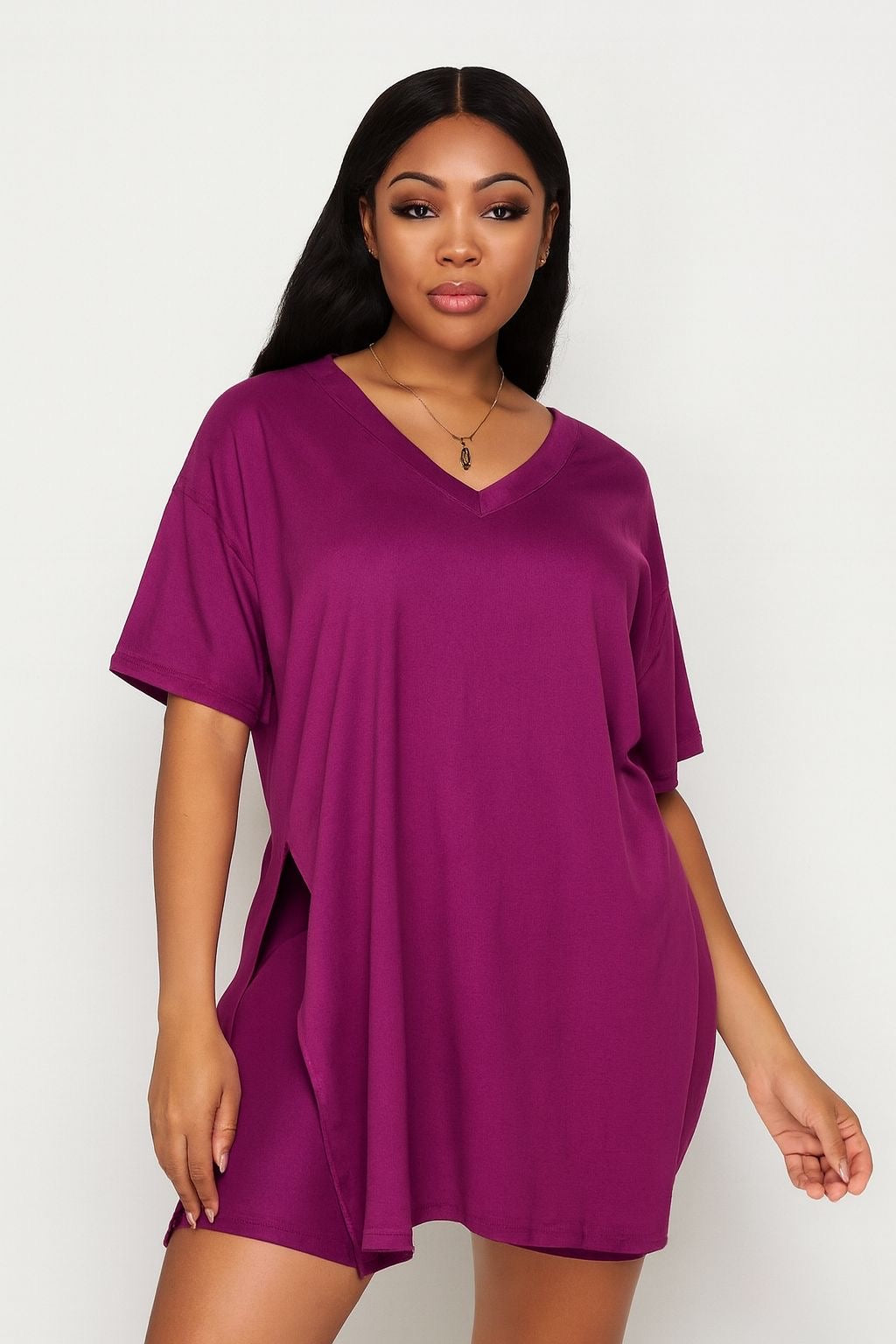 V NECK OVERSIZED BIKER SHORT SET