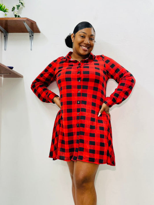 PLAID LONG SLEEVE SHIRT DRESS