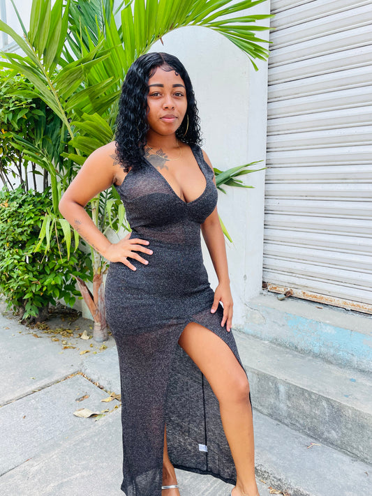 V-NECK MESH SHEER MAXI DRESS W/ SPLIT